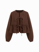 Denim Round Neckline Tie Front Ruffle Hem Jacket