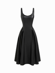 Faux Leather Scoop Neckline Ruffle A-line Midi Cami Dress