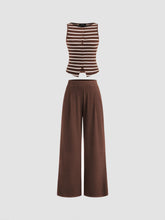 Striped Round Neckline Split Tank Top & Mid Rise Straight Leg Trousers Set