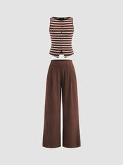 Striped Round Neckline Split Tank Top & Mid Rise Straight Leg Trousers Set
