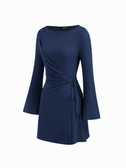 Boat Neck Wrap Ruched Knotted Bell Sleeve Mini Dress