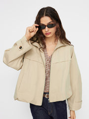 Cotton Stand Collar Zip Through Drawstring Oversized Jacket