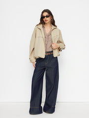 Cotton Stand Collar Zip Through Drawstring Oversized Jacket