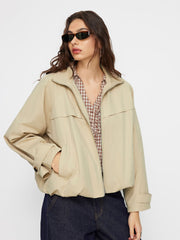 Cotton Stand Collar Zip Through Drawstring Oversized Jacket