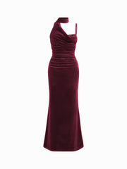 Velvet Halter Neckline Ruched Cami Maxi Dress With Scarf