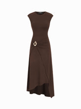 Round Neckline Metal Detail Ruched Asymmetrical Hem Maxi Dress
