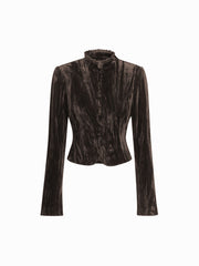 Velvet Stand Collar Lettuce Trim Long Sleeve Jacket