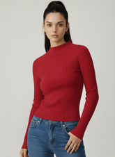 Rib Knit Stand Neck Solid Long Sleeve Top
