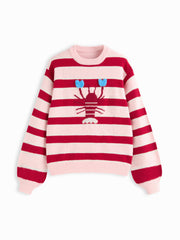 Knit Lobster Pattern Striped Round Neckline Oversized Sweater