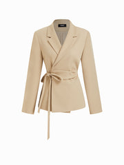 Houndstooth Notched Collar Tie Side Bowknot Asymmetrical Hem Blazer