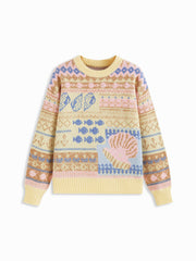 Knit Fish & Shell Pattern Colorblock Oversized Sweater