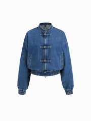 Denim Mandarin Collar Elastic Waist Oversized Jacket