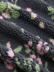 Faux Fur Stand Collar Floral Drawstring Zip Through Oversized Sweatshirt Curve & Plus