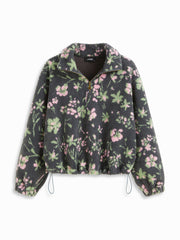 Faux Fur Stand Collar Floral Drawstring Zip Through Oversized Sweatshirt Curve & Plus