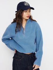 Fleece Stand Collar Half Zip Drawstring Oversized Sweatshirt