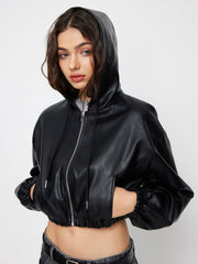 Faux Leather Hooded Drawstring Zip Through Crop Jacket
