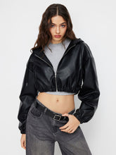Faux Leather Hooded Drawstring Zip Through Crop Jacket