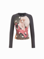 Cotton-blend Round Neckline Kitty & Polka Dot Graphic Tee