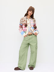 Knit Round Neck Fish Pattern Colorblock Button Oversized Cardigan