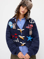 Knit Wool-blend V-neck Sea Animal Toggle Button Oversized Cardigan