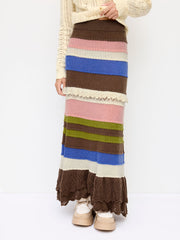 Knit Wool-blend Mid Rise Colorblock Ruffle Layered Mermaid Maxi Skirt