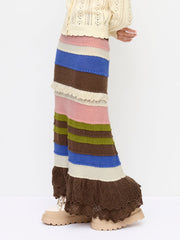 Knit Wool-blend Mid Rise Colorblock Ruffle Layered Mermaid Maxi Skirt