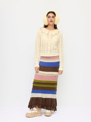 Knit Wool-blend Mid Rise Colorblock Ruffle Layered Mermaid Maxi Skirt