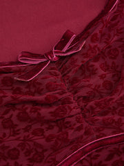 Velvet Floral Sweetheart Bell Sleeve Bowknot Ruffled Mini Dress