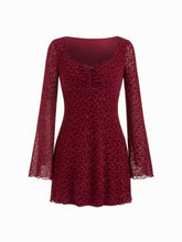 Velvet Floral Sweetheart Bell Sleeve Bowknot Ruffled Mini Dress