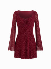 Velvet Floral Sweetheart Bell Sleeve Bowknot Ruffled Mini Dress