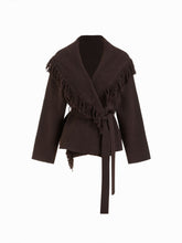 Fringed Wool-blend Knit Wrap Cardigan With Belt