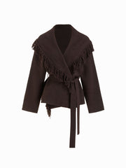 Fringed Wool-blend Knit Wrap Cardigan With Belt