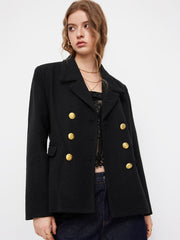 Notched Collar Long Sleeve Double Breasted Metal Button Blazer