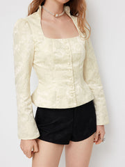 Jacquard Scoop Neckline Floral Long Sleeve Blouse