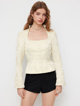 Jacquard Scoop Neckline Floral Long Sleeve Blouse