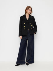 Notched Collar Long Sleeve Double Breasted Metal Button Blazer
