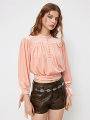 Velvet Stand Collar Knotted Long Sleeve Top