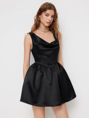 Satin Cowl Neck Ruched Zipper Mini Tank Dress