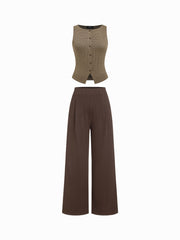 Striped Round Neckline Split Tank Top & Mid Rise Straight Leg Trousers Set