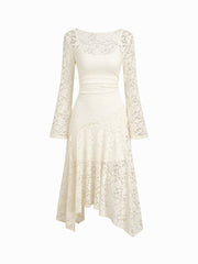 Lace Boat Neck Asymmetrical Hem Midi Dress with Bodycon Solid Dress