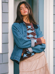 Knit Wool-blend Star & Fish Pattern Oversized Top