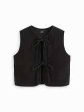Denim Round Neckline Solid Tie Front Knotted Vest