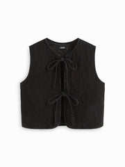 Denim Round Neckline Solid Tie Front Knotted Vest