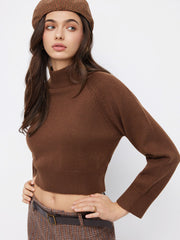 Knit Wool-blend High Neck Solid Long Sleeve Crop Sweater