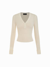 Wool-blend V-neck Button Long Sleeve Top