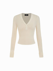 Wool-blend V-neck Button Long Sleeve Top
