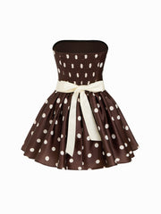 Polka Dot Ruffle Bowknot Shirred Bandeau Mini Dress