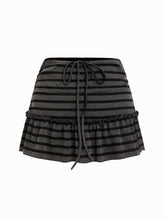 Mid Rise Striped Drawstring Lettuce Trim Peplum Mini Skort