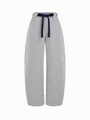 Cotton-blend Mid Rise Striped Drawstring Barrel-leg Trousers