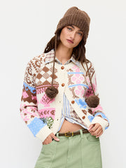 Knit Round Neck Fish Pattern Colorblock Button Oversized Cardigan